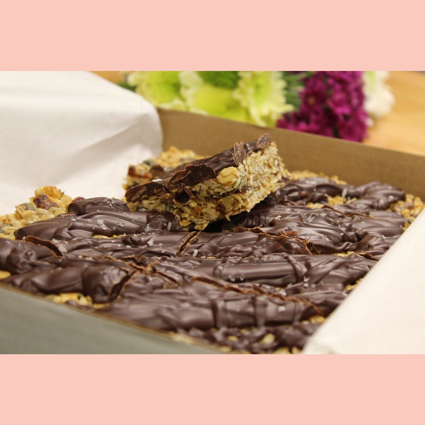 8 Vegan Fruit and Nut Flapjacks with Dark Chocolate and Sea Salt - Ashlan Bakery