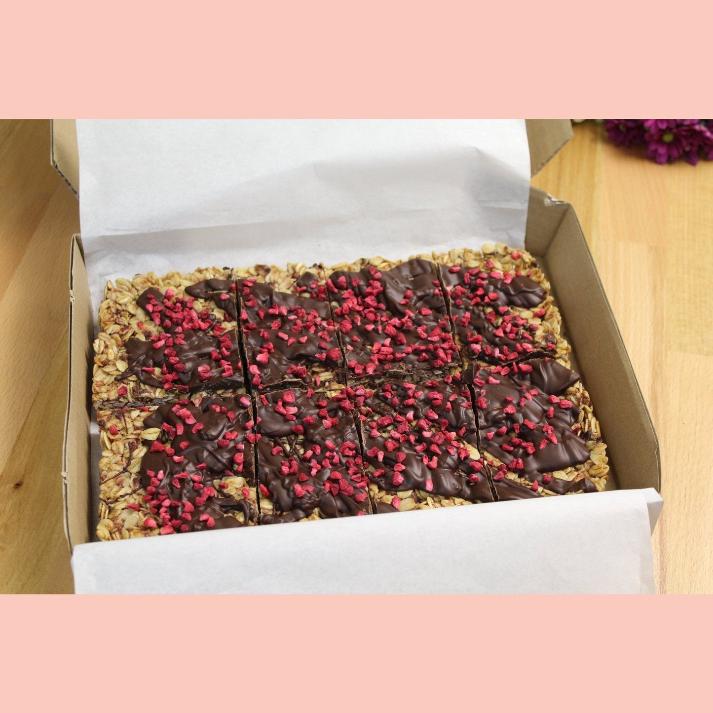 8 Vegan Raspberry Flapjacks with Dark Chocolate - Ashlan Bakery