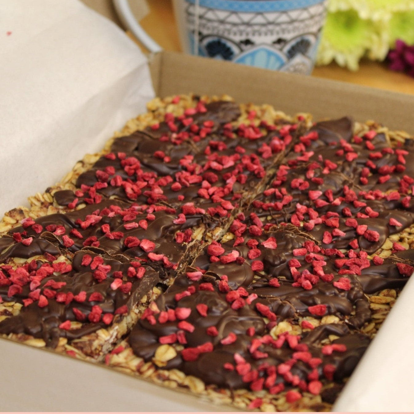 Vegan Raspberry Flapjack with Dark Chocolate - Ashlan Bakery