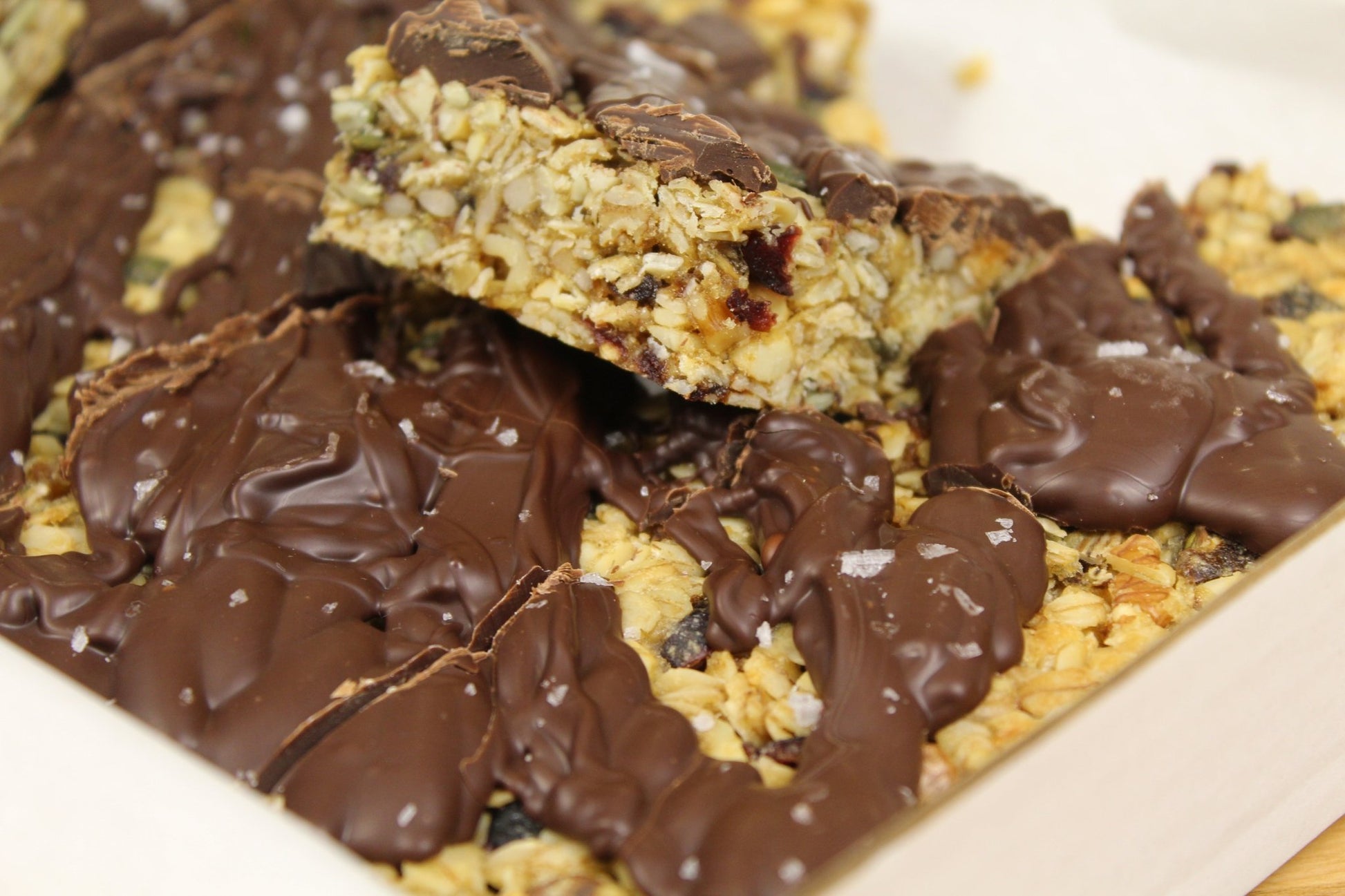 Vegan Fruit and Nut Flapjack with Dark Chocolate and Sea Salt - Ashlan Bakery