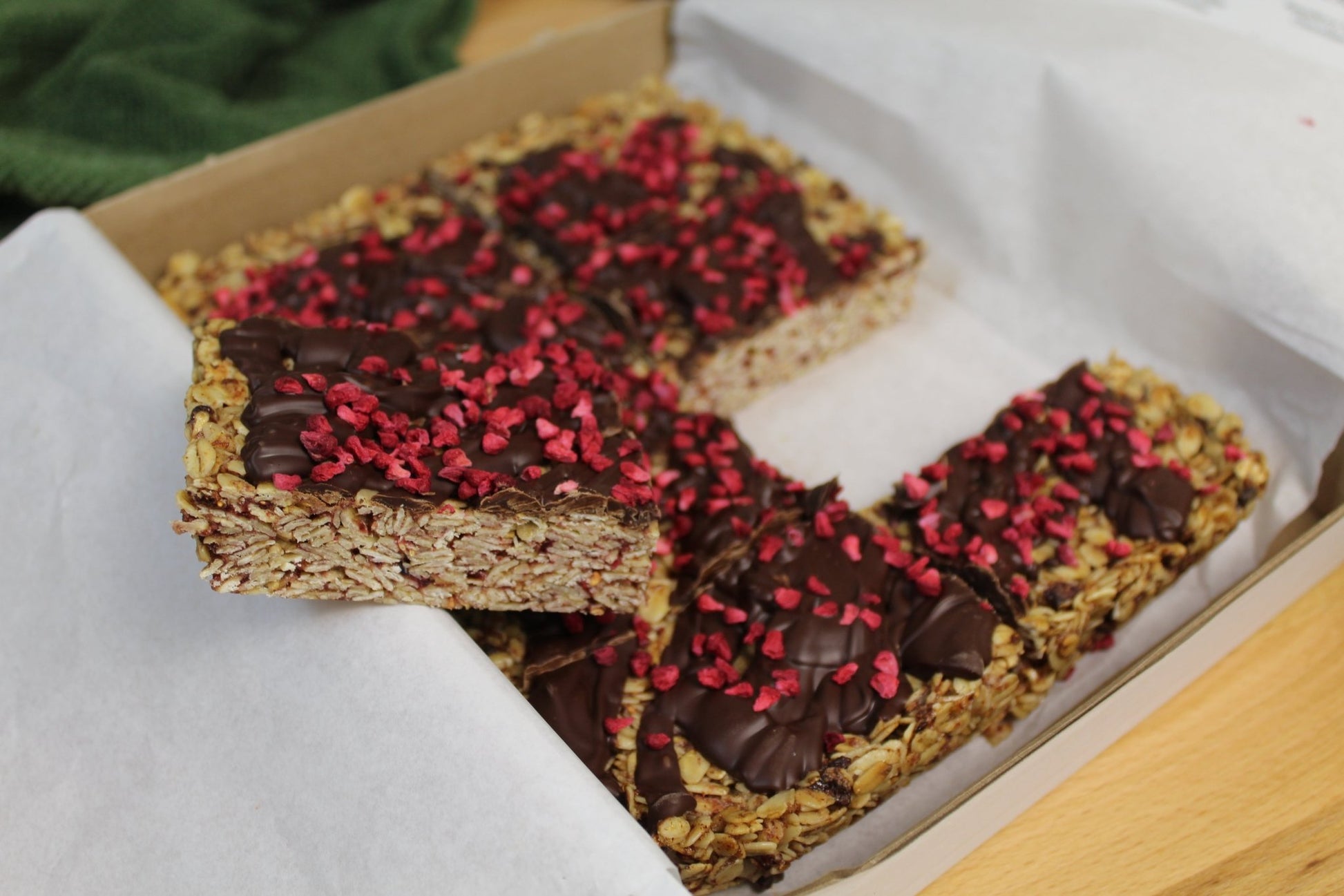 Vegan Raspberry Flapjack with Dark Chocolate - Ashlan Bakery