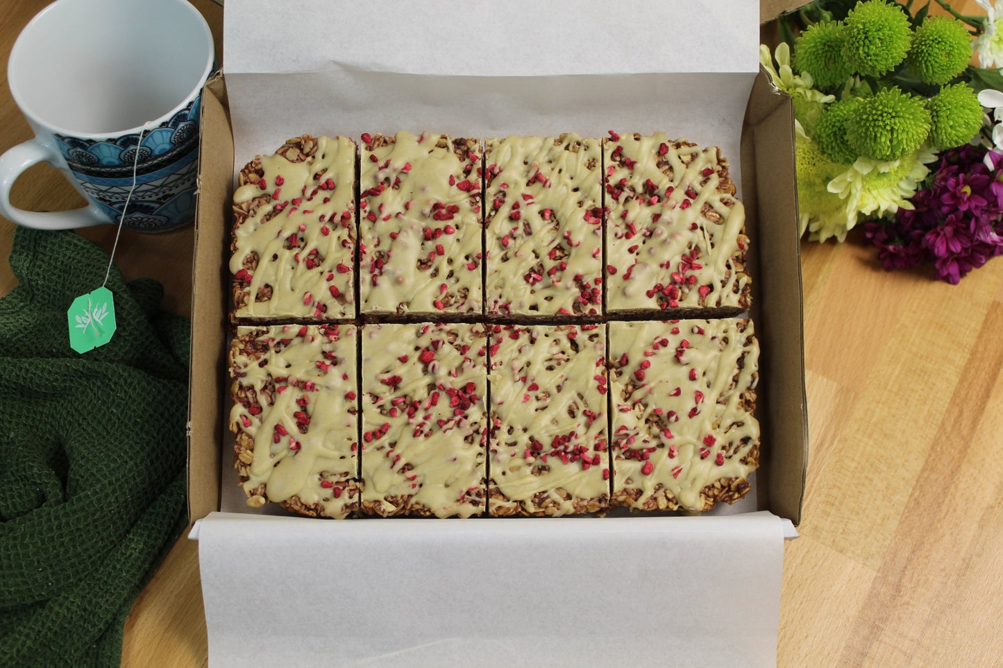 Vegan Raspberry Flapjack with White Chocolate - Ashlan Bakery