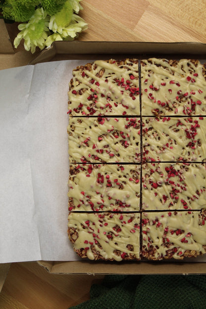 Vegan Raspberry Flapjack with White Chocolate - Ashlan Bakery