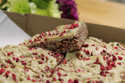 Vegan Raspberry Flapjack with White Chocolate - Ashlan Bakery