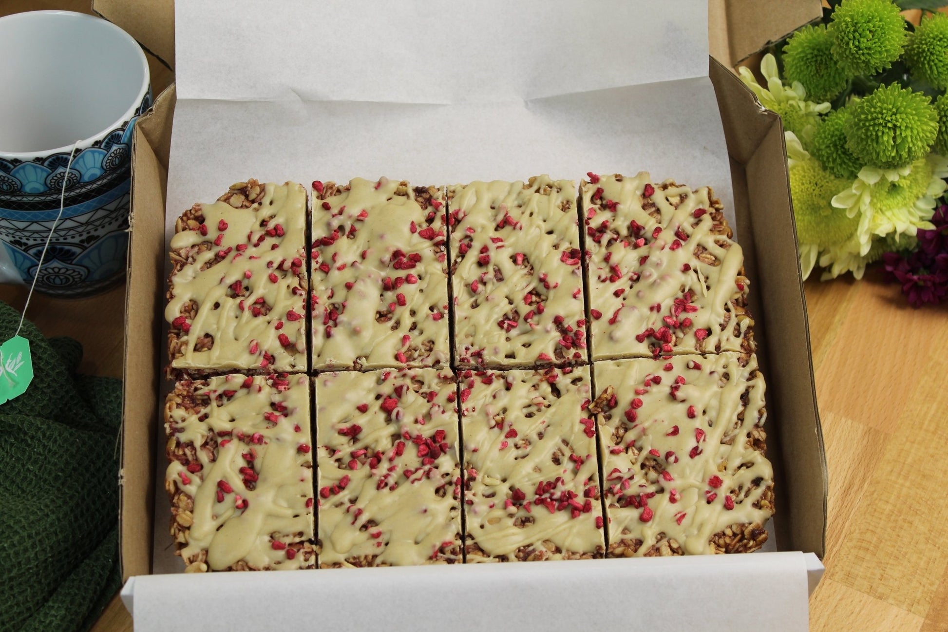 Vegan Raspberry Flapjack with White Chocolate - Ashlan Bakery